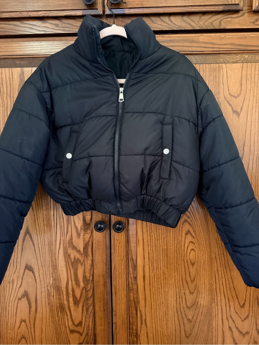 Black Cropped Puffer Jacket - Women's